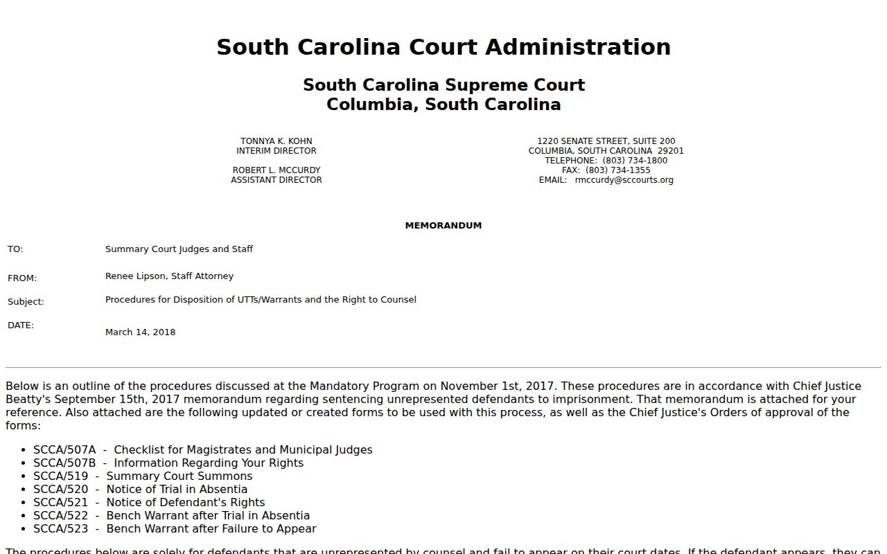 South Carolina procedure memo for an Horry County bench warrant after failure to appear