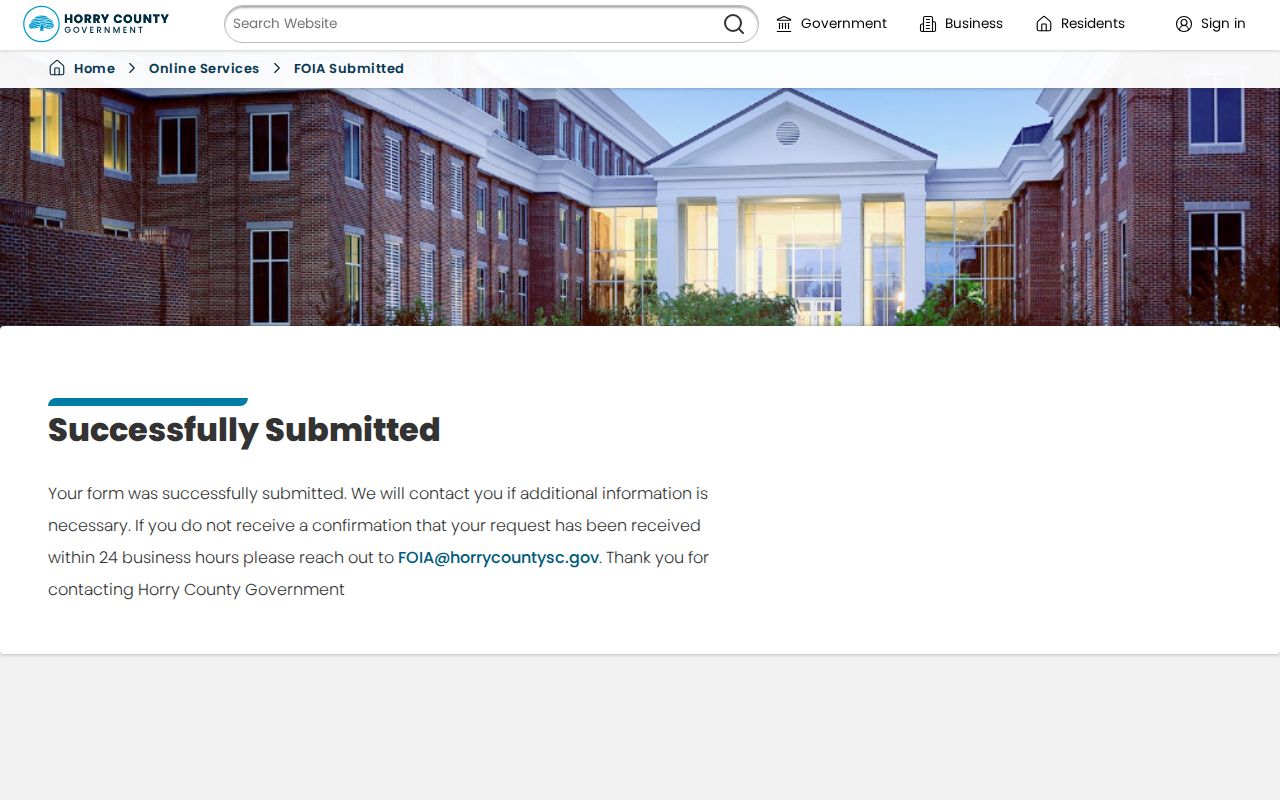 Horry County FOIA submission confirmation instructions, not warrant status