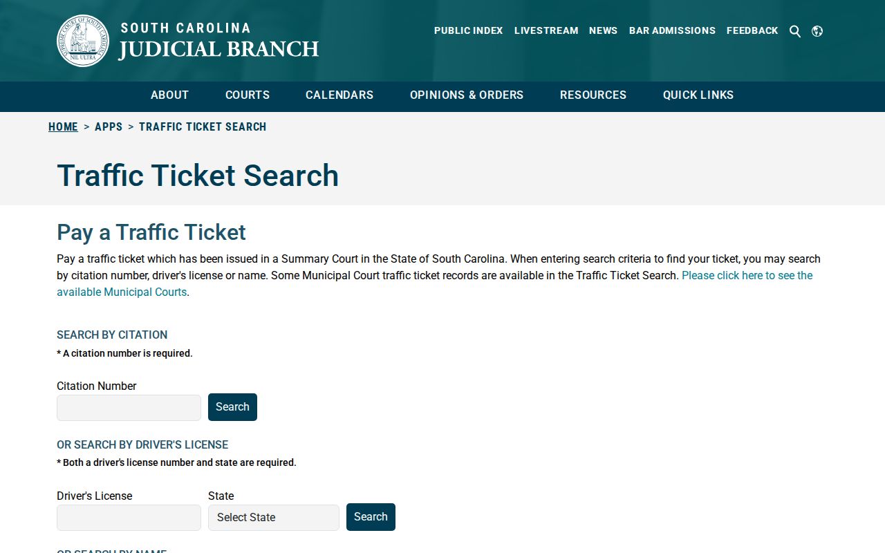 Blank South Carolina traffic citation search relevant to Horry County traffic warrants
