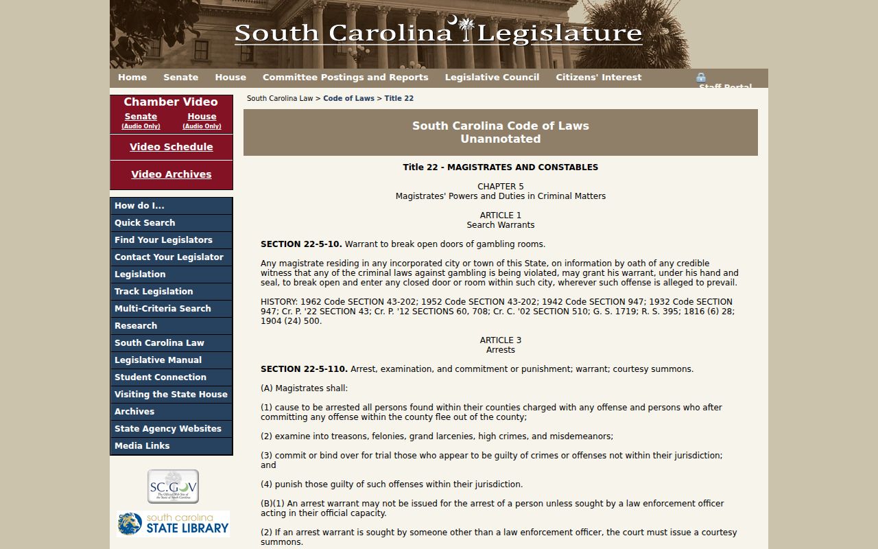 South Carolina magistrate arrest warrant statute used in Horry County