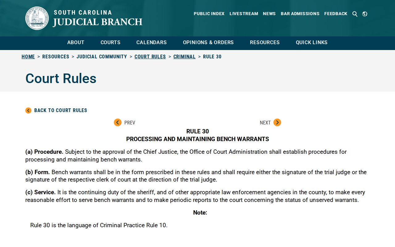 South Carolina Rule 30 information for Horry County bench warrant processing