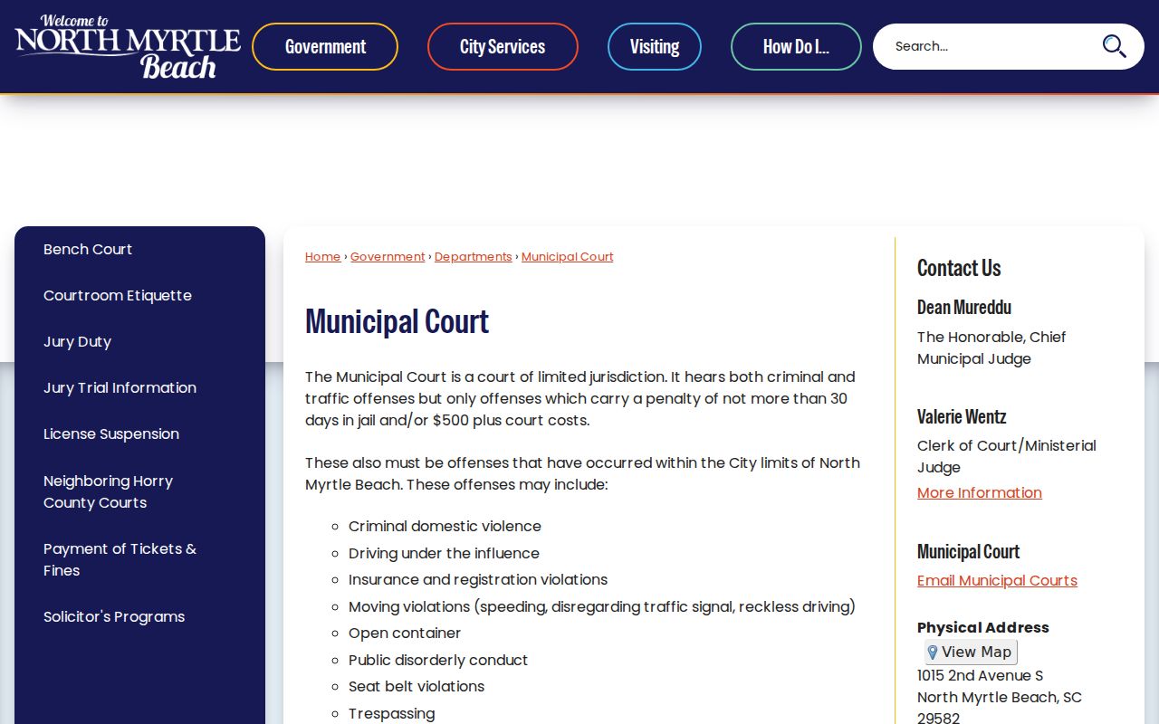 North Myrtle Beach Municipal Court contact for city warrant records