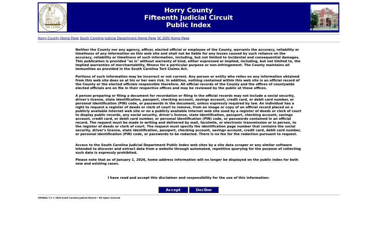 Horry County Public Index landing screen and case search disclaimer
