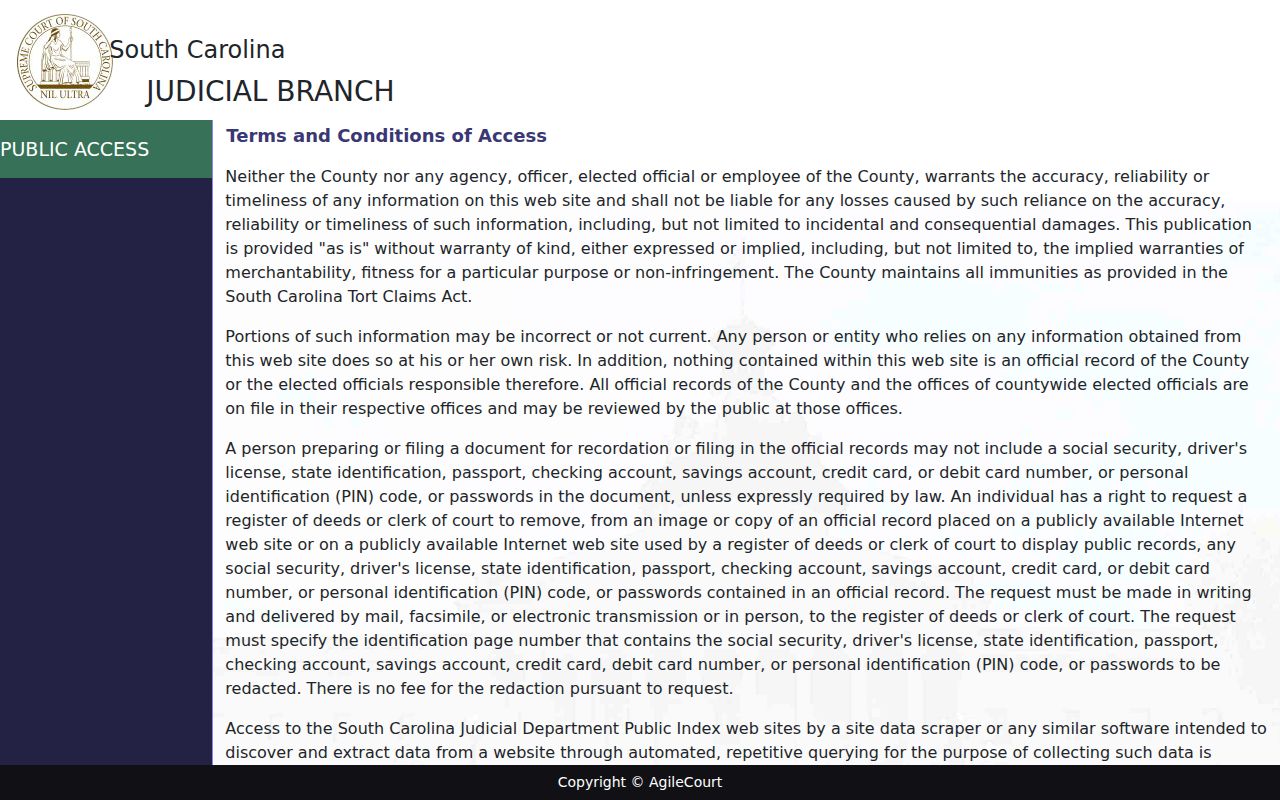 Horry County court portal privacy and official-record notice for warrant searches